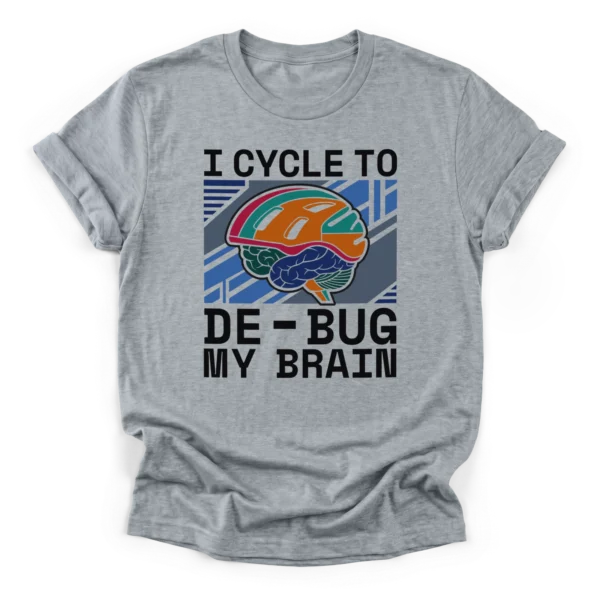 A stylized brain wearing a bicycle helmet over a geometric background with the text I cycle to de-bug my brain on a Classic T-Shirt.