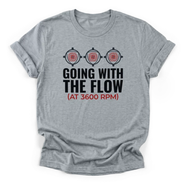 Three rotary pump impellers with fluid spirals and text Going With The Flow at 3600 RPM on a Classic T-Shirt.
