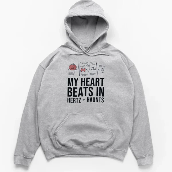 Halloween EKG heartbeat circuit graphic with drone TX controller, ghost, power pumpkin, and text My Heart Beats In Hertz + Haunts on a Hoodie.