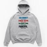 Distressed typographic career stack reading CAD MONKEY, STRESS TESTER, TOLERANCE SNOB, and PRINCIPAL with respective years on a Hoodie.