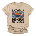 A stylized brain wearing a bicycle helmet over a geometric background with the text I cycle to de-bug my brain on a Classic T-Shirt.