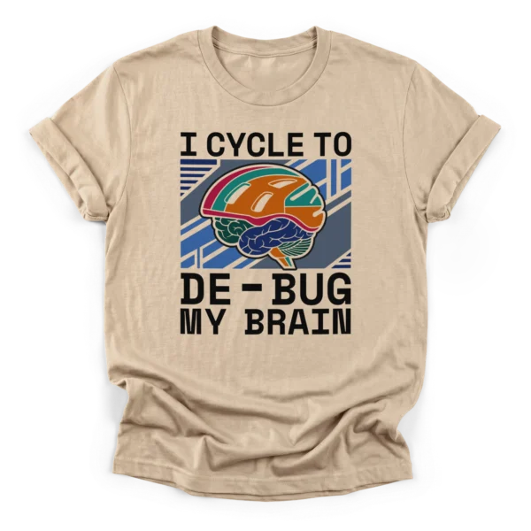 A stylized brain wearing a bicycle helmet over a geometric background with the text I cycle to de-bug my brain on a Classic T-Shirt.