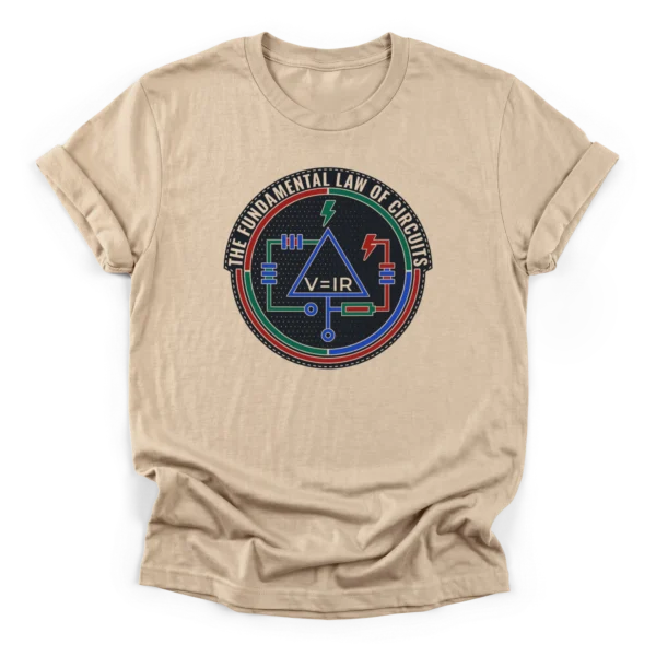 Vintage circular badge graphic featuring the Ohm's Law V=IR formula inside a triangle with retro circuit symbols on a Classic T-Shirt.