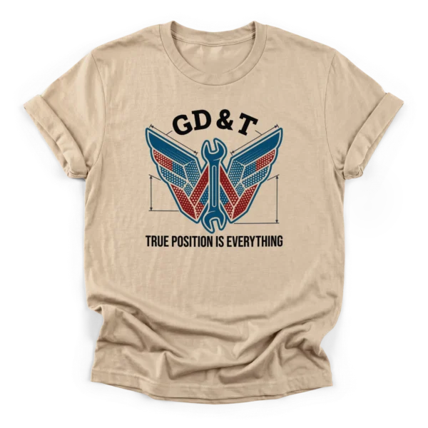 Symmetrical drafting wing graphic interlocked with a wrench featuring the text GD&T and True Position Is Everything on a Classic T-Shirt.
