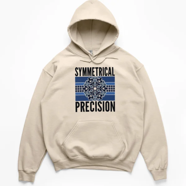 Retro graphic of a gear and wrench snowflake over stripes with text Symmetrical Precision on a Hoodie.