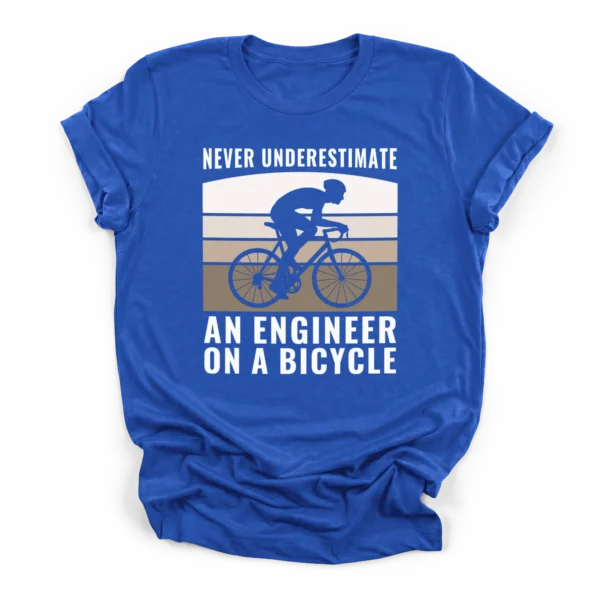 Distressed retro sunset graphic with a cyclist silhouette and text reading Never Underestimate An Engineer On A Bicycle on a Premium T-Shirt.