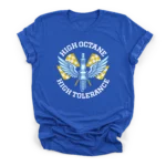 Vintage vector illustration of a winged spark plug over crossed checkered racing flags with text reading High Octane High Tolerance on a Premium T-Shirt.
