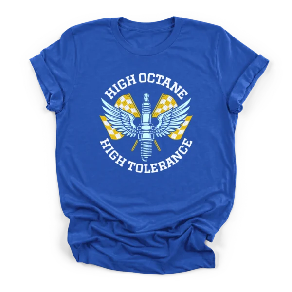 Vintage vector illustration of a winged spark plug over crossed checkered racing flags with text reading High Octane High Tolerance on a Premium T-Shirt.