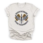 Vintage vector illustration of a winged spark plug over crossed checkered racing flags with text reading High Octane High Tolerance on a Premium T-Shirt.