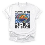 A stylized brain wearing a bicycle helmet over a geometric background with the text I cycle to de-bug my brain on a Classic T-Shirt.