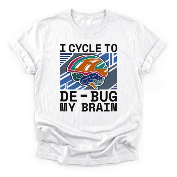 A stylized brain wearing a bicycle helmet over a geometric background with the text I cycle to de-bug my brain on a Classic T-Shirt.