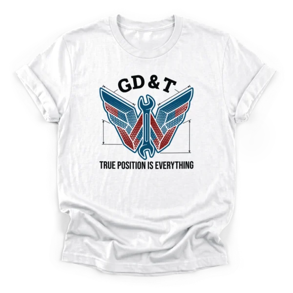 Symmetrical drafting wing graphic interlocked with a wrench featuring the text GD&T and True Position Is Everything on a Classic T-Shirt.